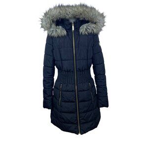 Laundry Womens Black Faux Fur Hooded Quilted Puffer Coat Size Small Winter